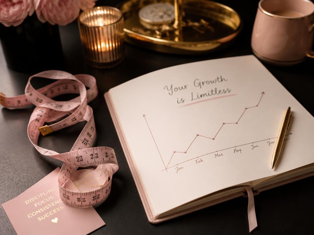A journal with a hand-drawn progress chart beside a measuring tape