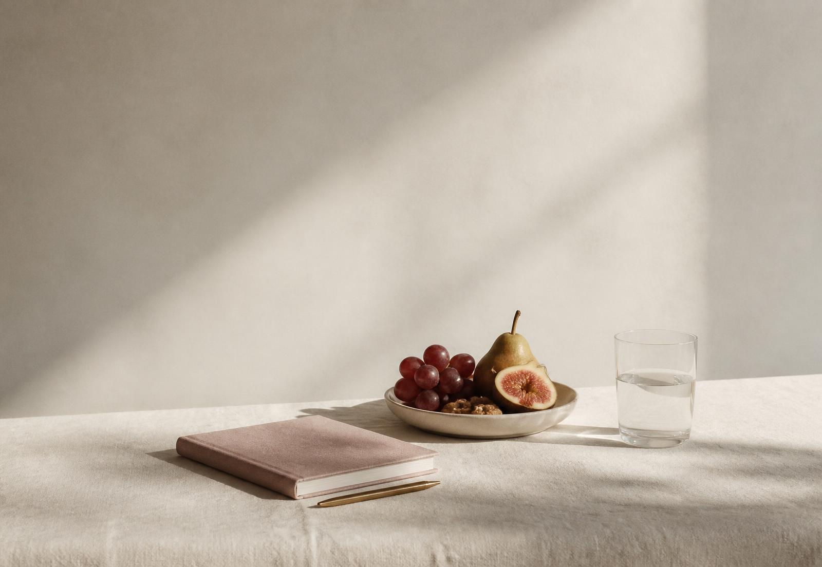 A plate of whole food, a glass of water and a notebook on cream linen