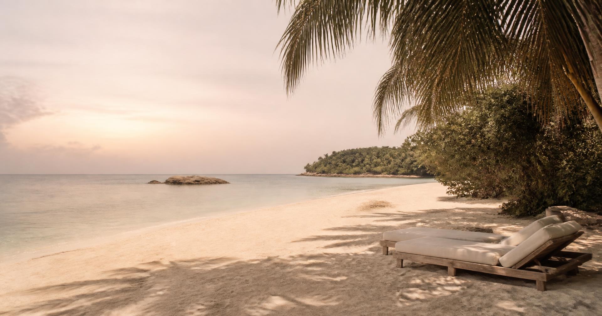 An empty tropical shoreline at dawn with two loungers under palm shade